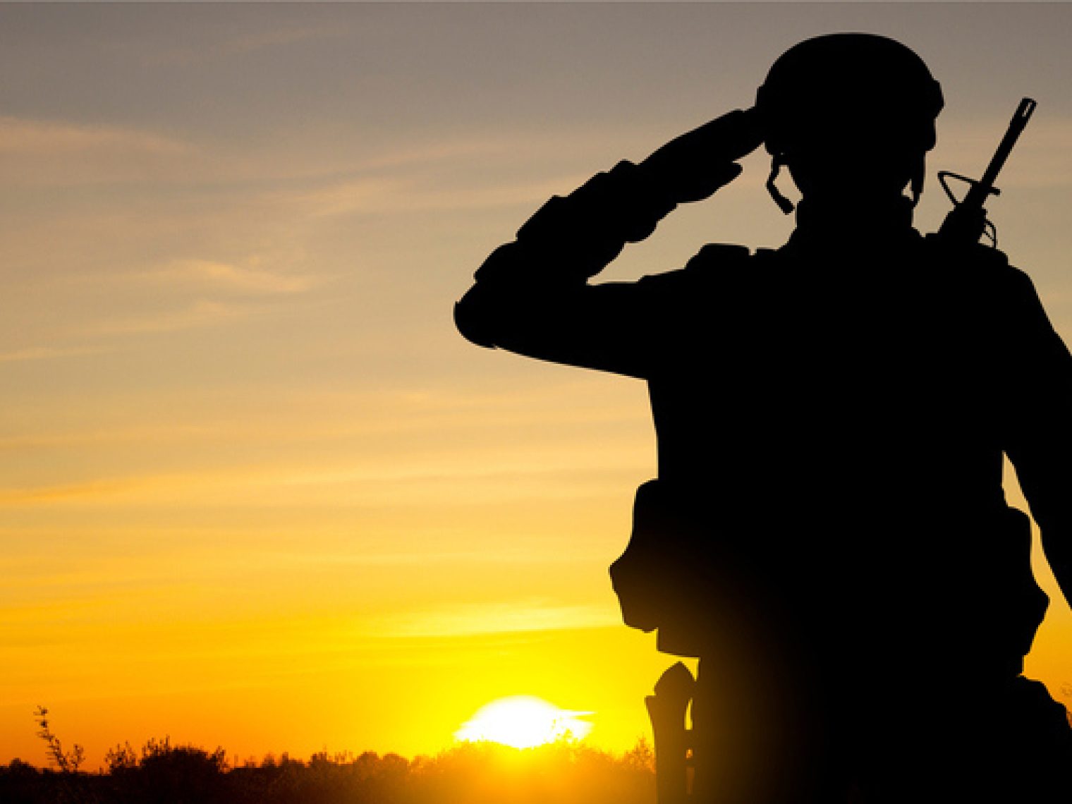 Silhouette of a soldier saluting against a sky with a setting sun.