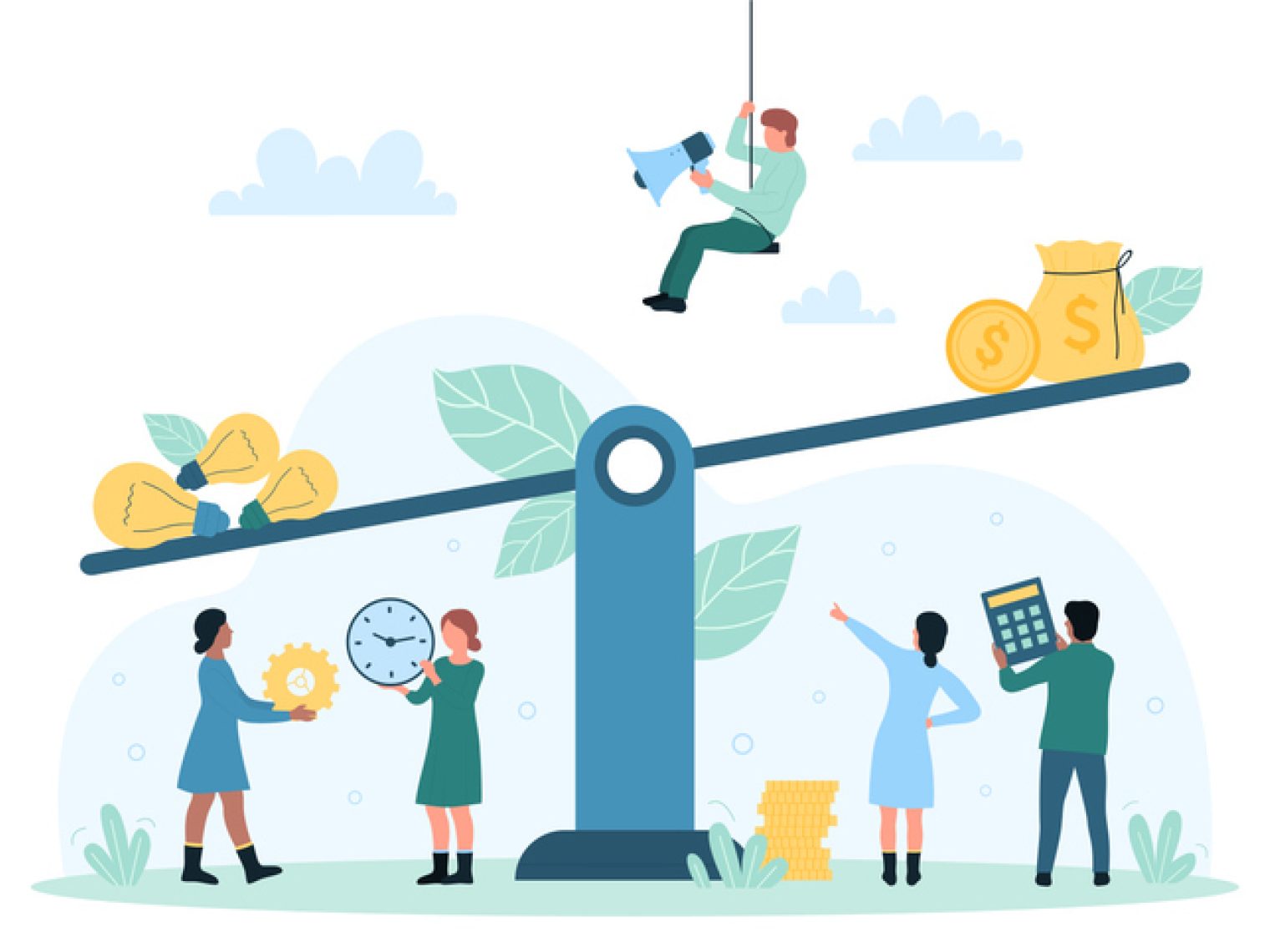 An illustration of a group of people balancing work and finance elements on a seesaw, with one person on a swing, symbolizing work-life balance and financial planning.