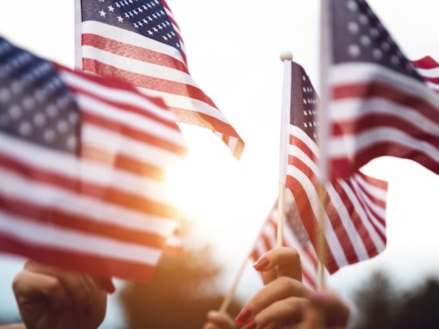 Group of hands waving small American flags in the air.