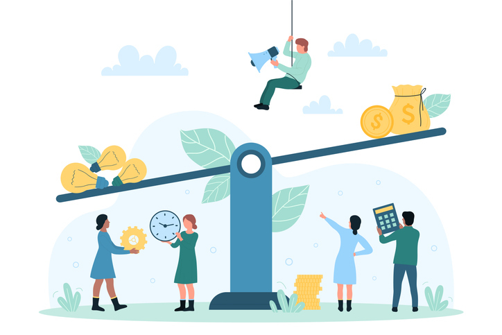 An illustration of a group of people balancing work and finance elements on a seesaw, with one person on a swing, symbolizing work-life balance and financial planning.