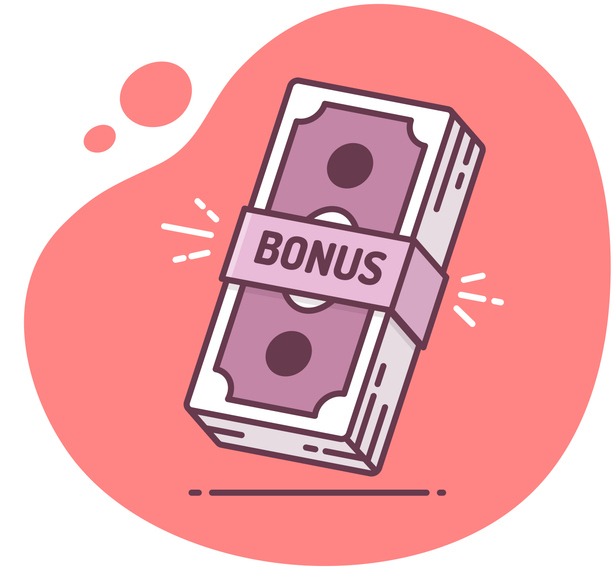 An illustration of a stack of currency notes wrapped with a band labeled "BONUS" on a coral background.